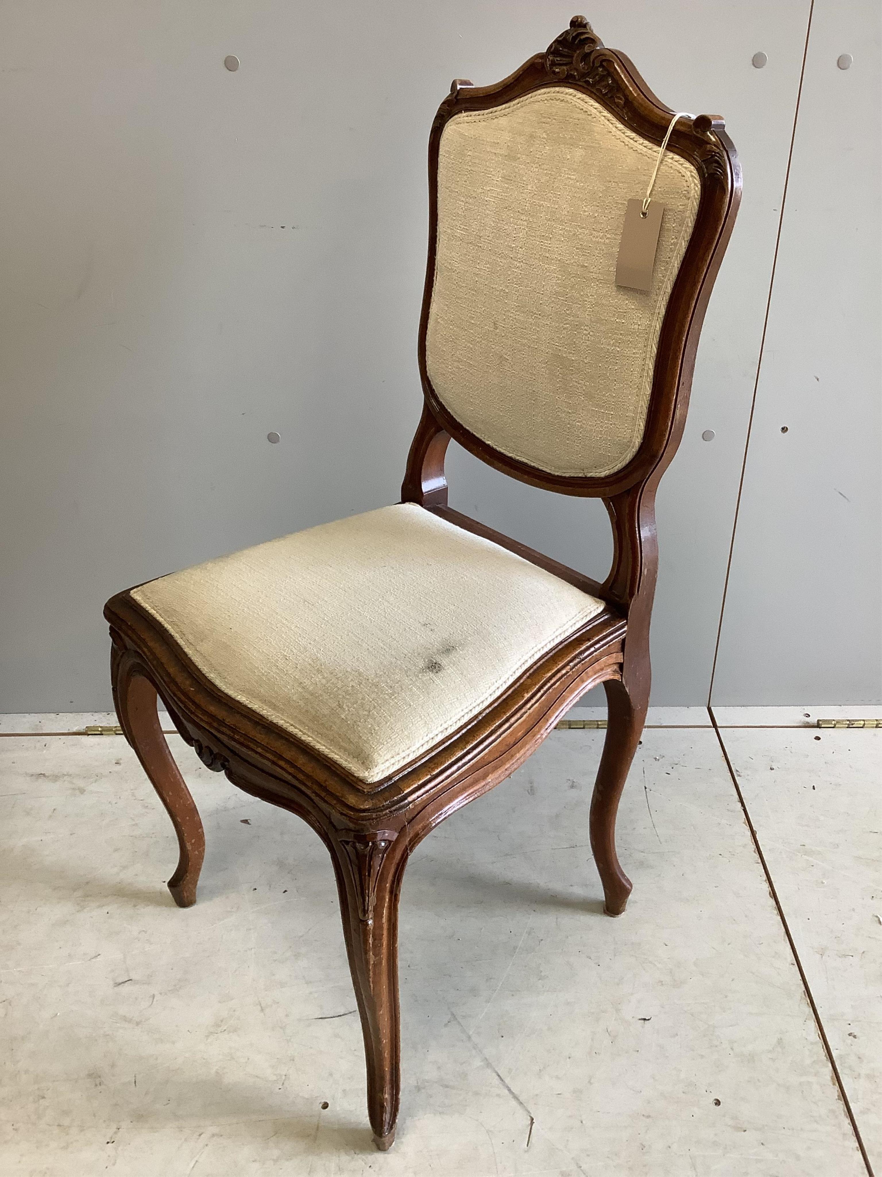 A 19th century French parquetry inlaid ebonsied walnut work table, width 53cm, depth 39cm, height 71cm together with a French walnut side chair. Condition - fair to good